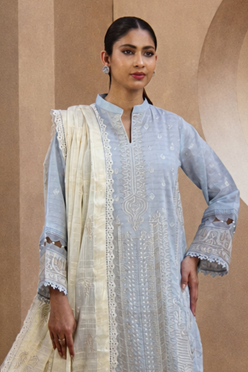 Mahrin By Johra - Premium 3PC Unstitched Embroidered Lawn Suit (Icy Blue & Ivory)