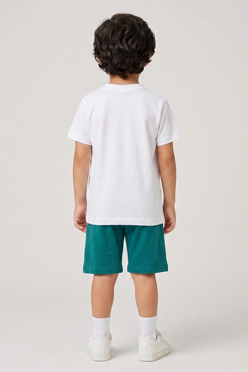 Boys T-Shirt & Shorts Set (Pure White & Dark Teal Green)