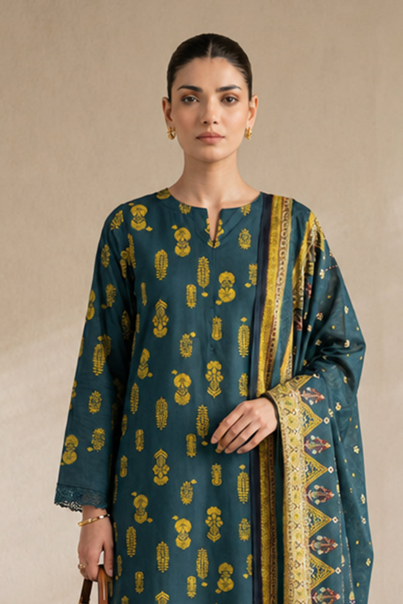Khaadi (Vol.4) – 3 Piece Unstitched Printed Lawn Suit (Deep Teal & Mustard Yellow)