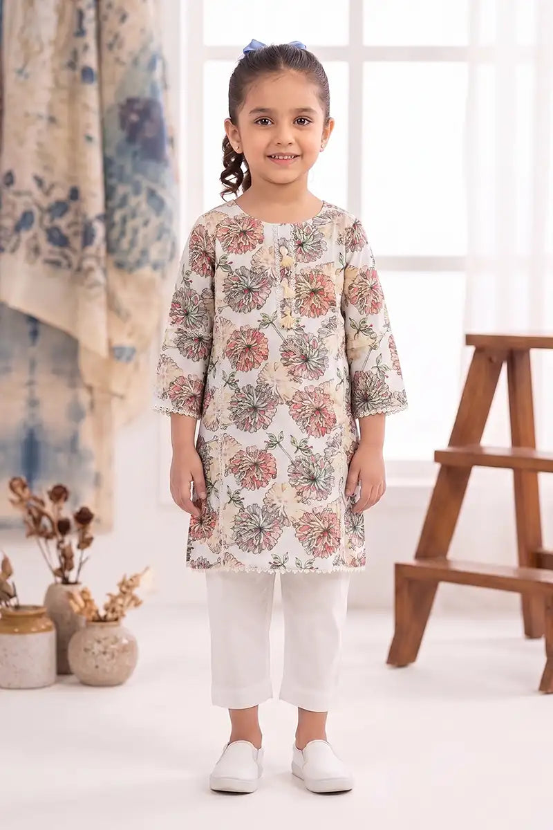 Little Angel Girls Soft Cotton Printed Kurti Shirt (Off-White)