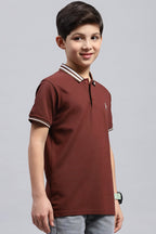 Boy's Textured Cotton Polo T-Shirt (Rust Brown)
