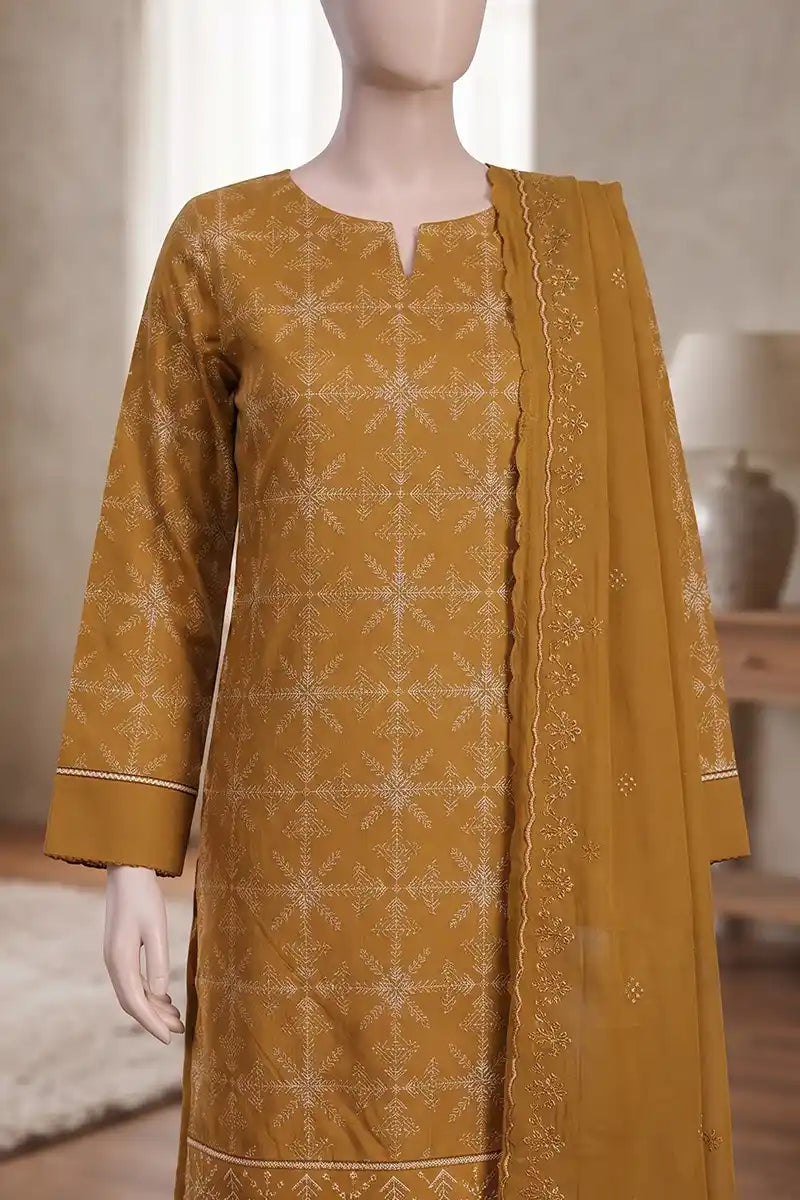 Breeza by Breeza Fashion - 3PC Unstitched Embroidered Lawn Suit (Mustard Brown)