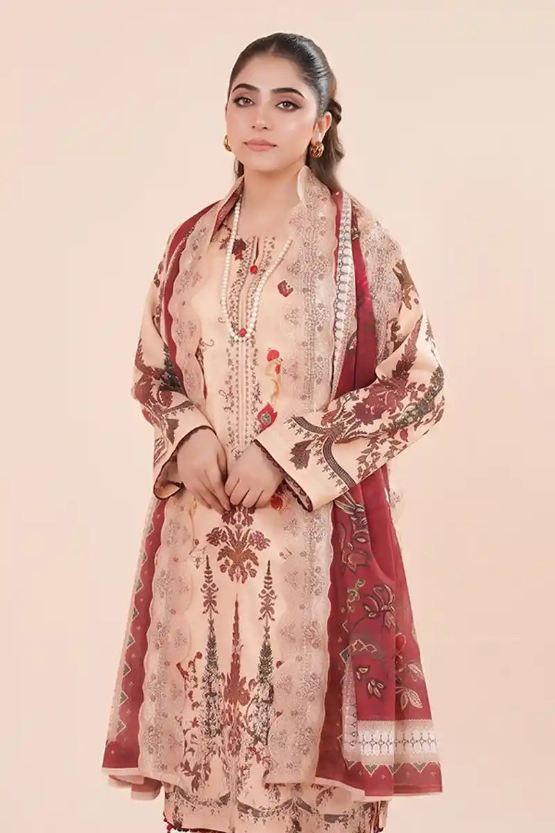 Zesh - 3PC Unstitched Embroidered Lawn Suit (Deep Maroon & Dusty Peach)