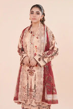 Zesh - 3PC Unstitched Embroidered Lawn Suit (Deep Maroon & Dusty Peach)