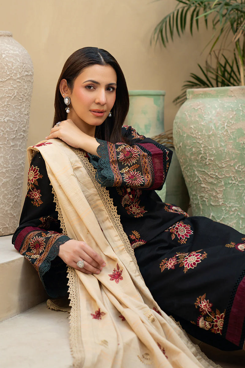Khimar By Johra - 3PC Unstitched Embroidered Lawn Suit (Black & Beige)