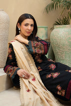 Khimar By Johra - 3PC Unstitched Embroidered Lawn Suit (Black & Beige)