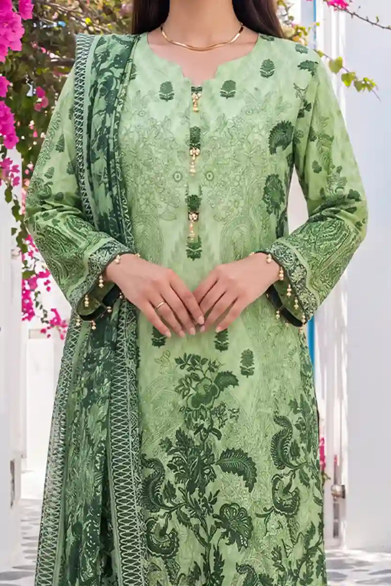 Aabruh Vol-1 3PC Unstitched Printed Lawn Suit (Leaf Green Floral)