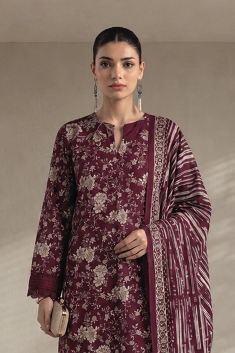 Khaadi – 3 Piece Unstiched Premium Printed Lawn Suit (Maroon)