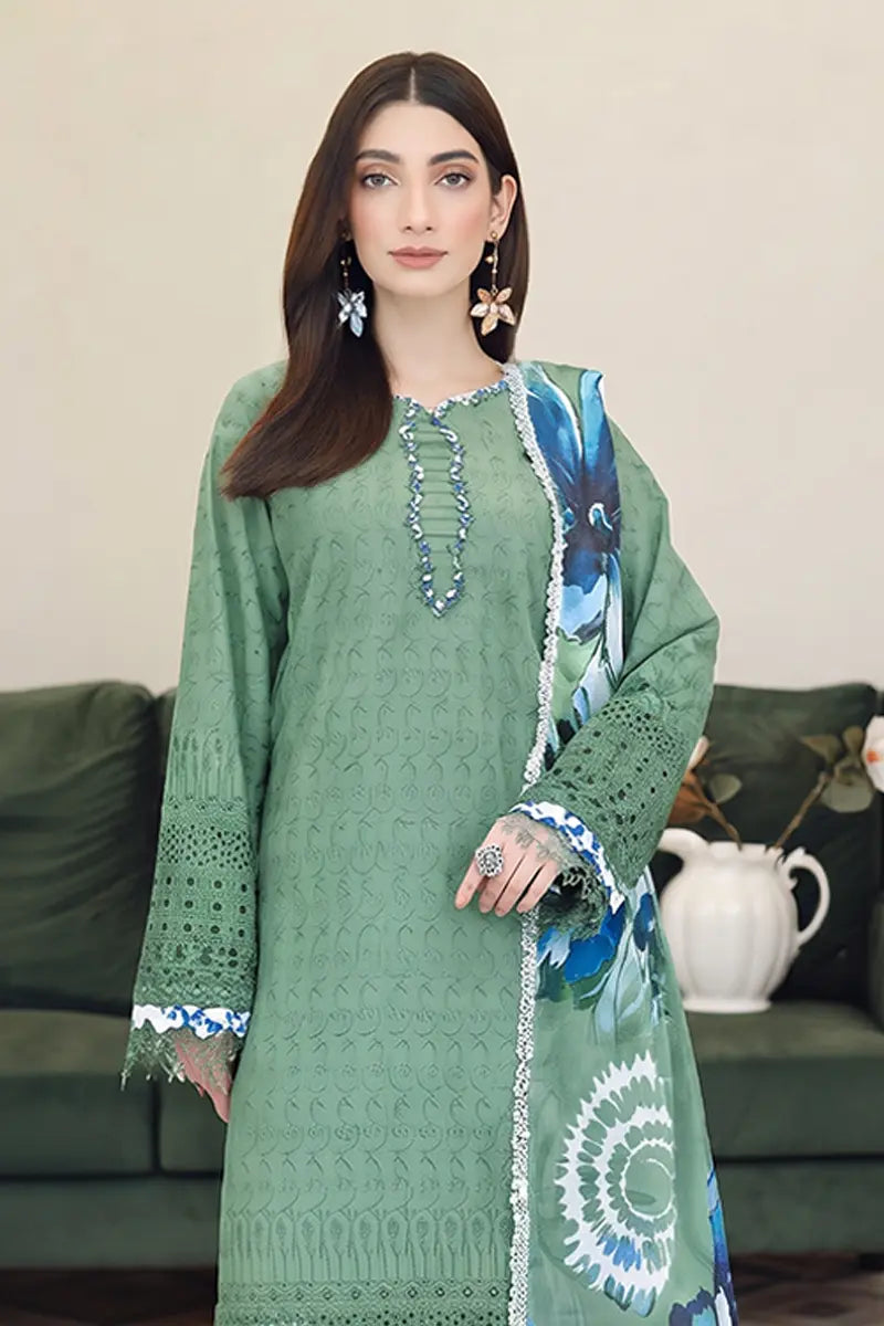 Emerald By Johra - 3 Piece Unstitched Embroidered Chikankari Lawn Suit (Muted Olive Green)