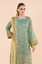 Zesh - 3PC Unstitched Embroidered Lawn Suit (Muted Teal & Butter Cream)