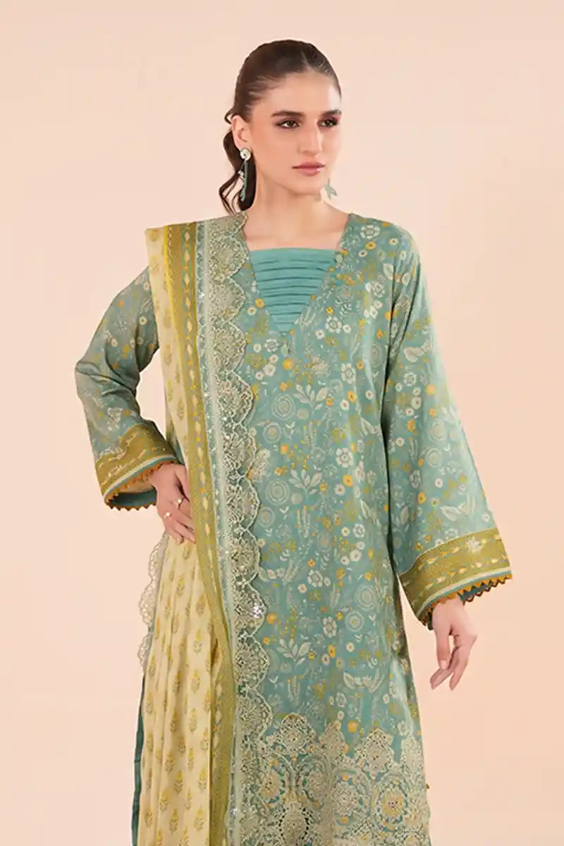 Zesh - 3PC Unstitched Embroidered Lawn Suit (Muted Teal & Butter Cream)