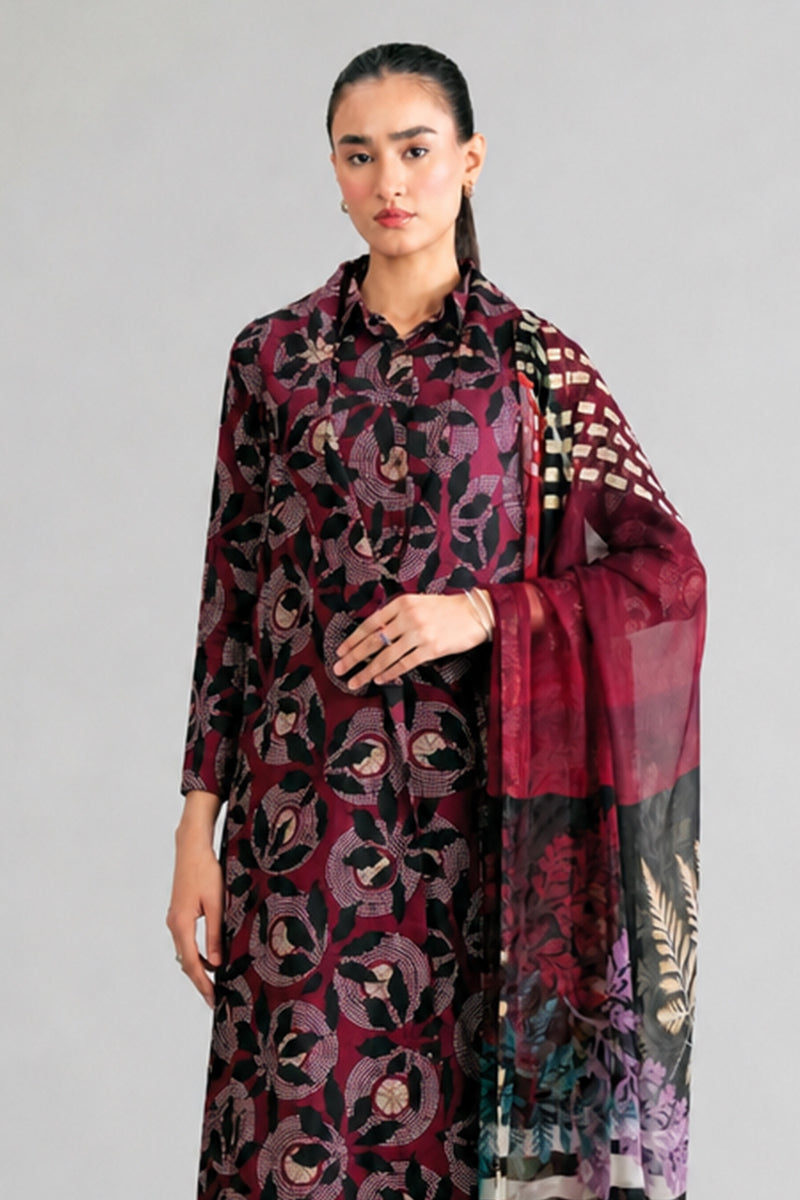 Nishat (Vol.4) - 3pc Unstitched Digital Embroidered Printed Lawn (Deep Maroon & Charcoal)