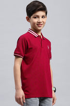 Boy's Textured Cotton Polo T-Shirt (Cherry Red)