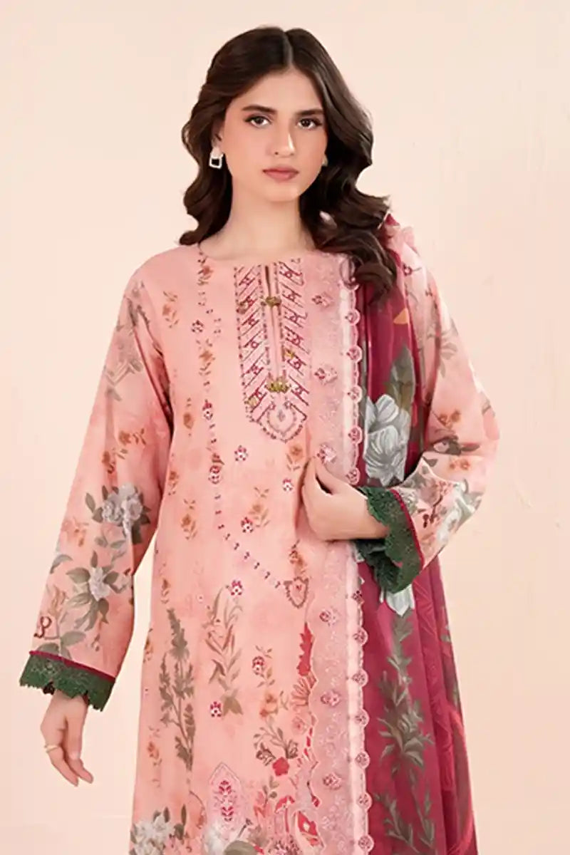 Zesh - 3PC Unstitched Embroidered Lawn Suit (Blush Pink & Deep Red Berry)
