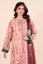 Zesh - 3PC Unstitched Embroidered Lawn Suit (Blush Pink & Deep Red Berry)
