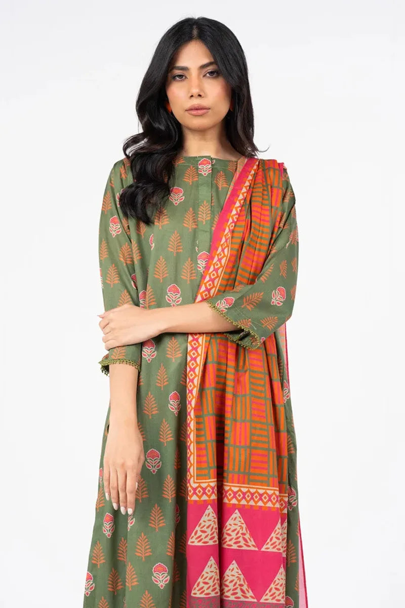 Sapphire Lawn Vol.08 - 3PC Unstitched Printed Lawn Suit (Muted Olive Green)
