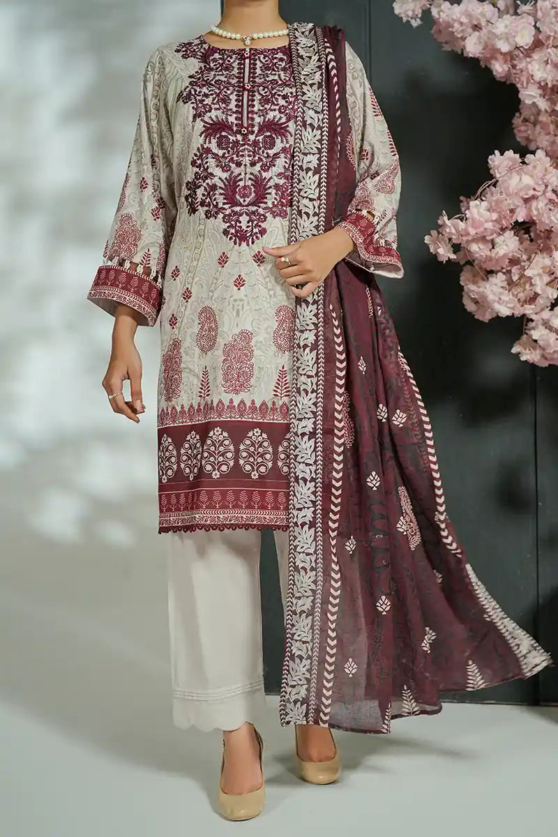 Mehrun by KBC Fashion Unstitched 3-Piece Lawn Collection (Deep Burgundy)