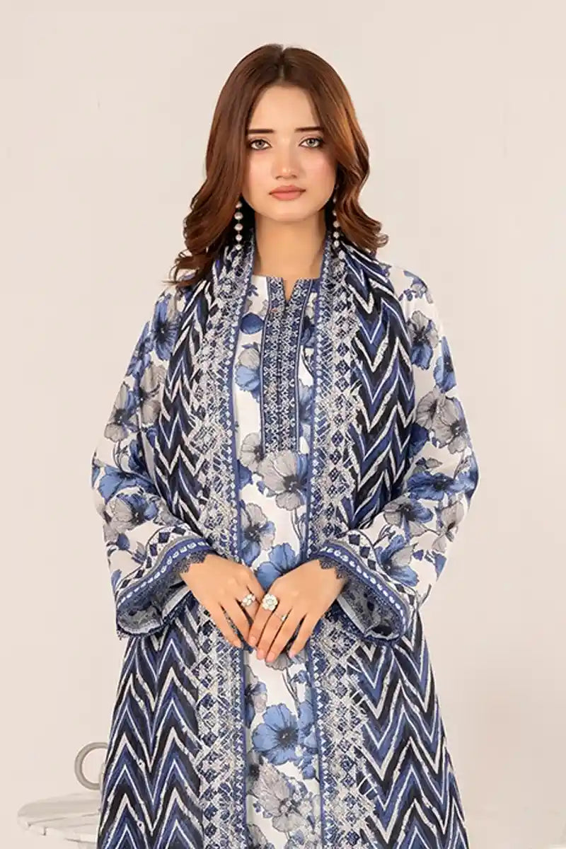 Zesh - 3PC Unstitched Embroidered Lawn Suit (Navy Blue & White)