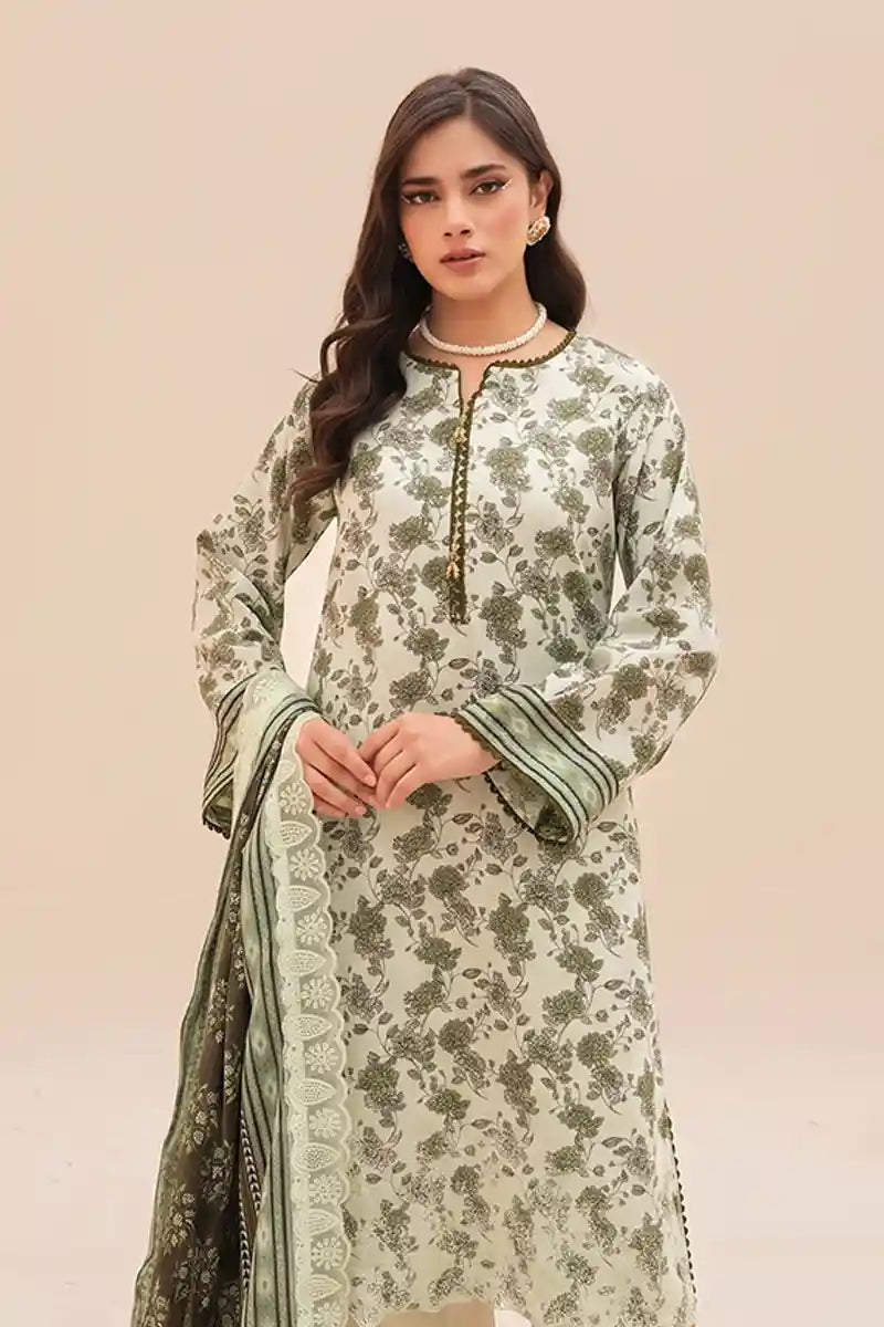 Zesh - 3PC Unstitched Embroidered Lawn Suit (Pale Mint Green & Dark Olive Floral)