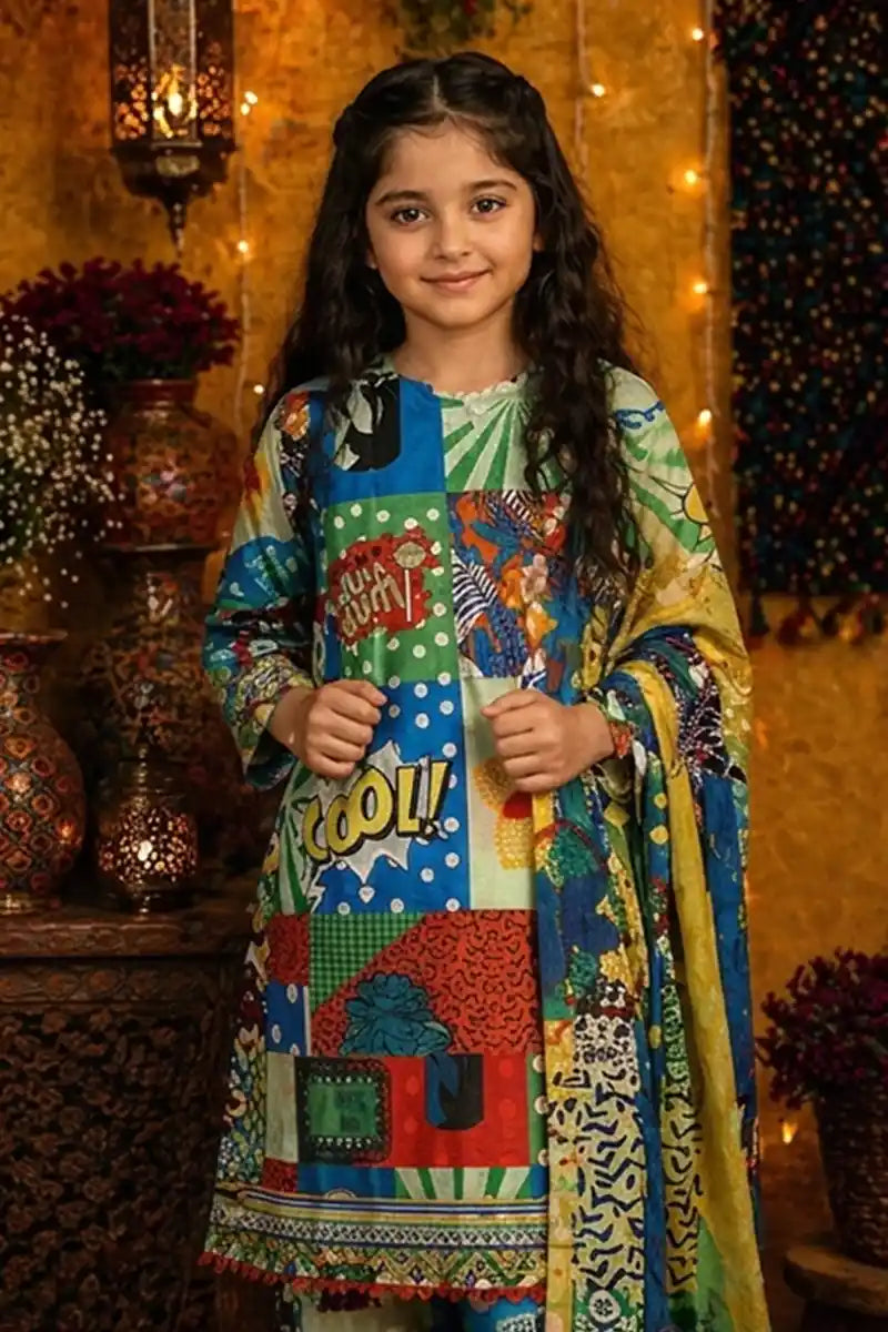 Ting Tone by Almeerah - Girls Unstitched 2-Piece Suit (8 to 12 Years) (Pastel Green & Blue)
