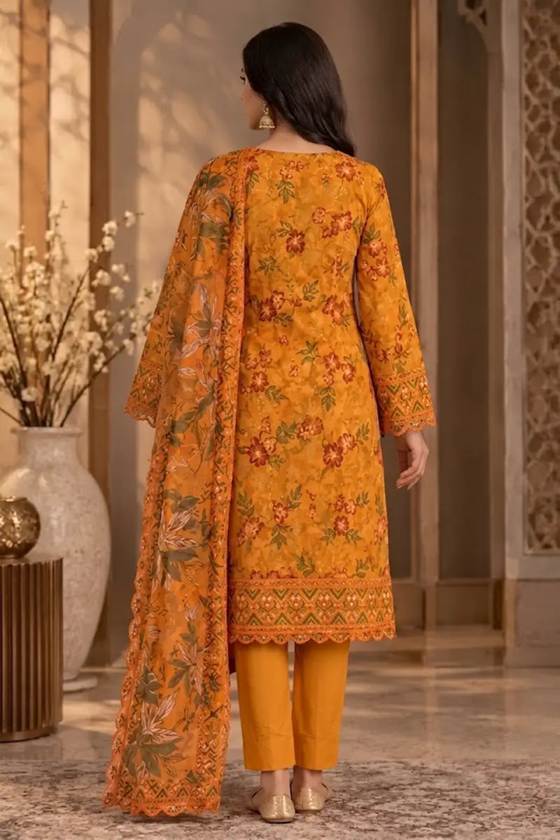 Women's Stitched Lawn 3-Piece Suit with Cutwork Dupatta (Mustard)