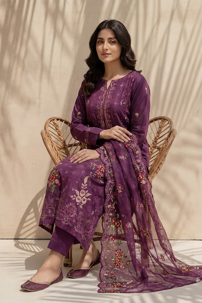 Millat - 3PC Unstitched Embroidered Lawn Suit (Dark Purple)