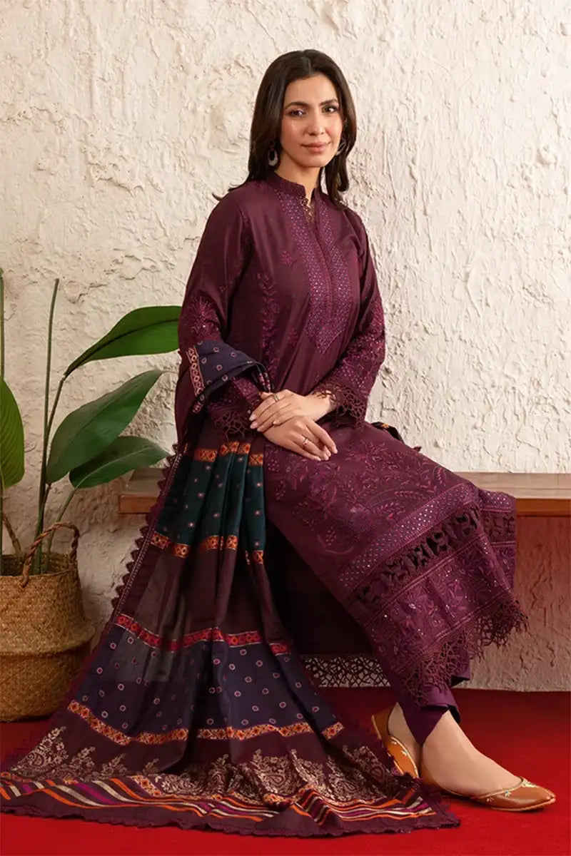 Poshak By Johra - 3 Piece Unstitched Embroidered Lawn Suit (Deep Plum)
