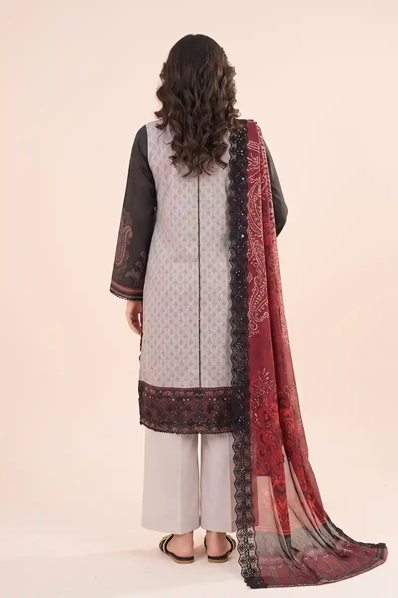 Zesh - 3PC Unstitched Embroidered Lawn Suit (Deep Crimson Red, Charcoal & Light Grey)