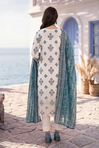 Zesh - 3PC Unstitched Embroidered Lawn Suit (Warm Cream & Teal Blue)