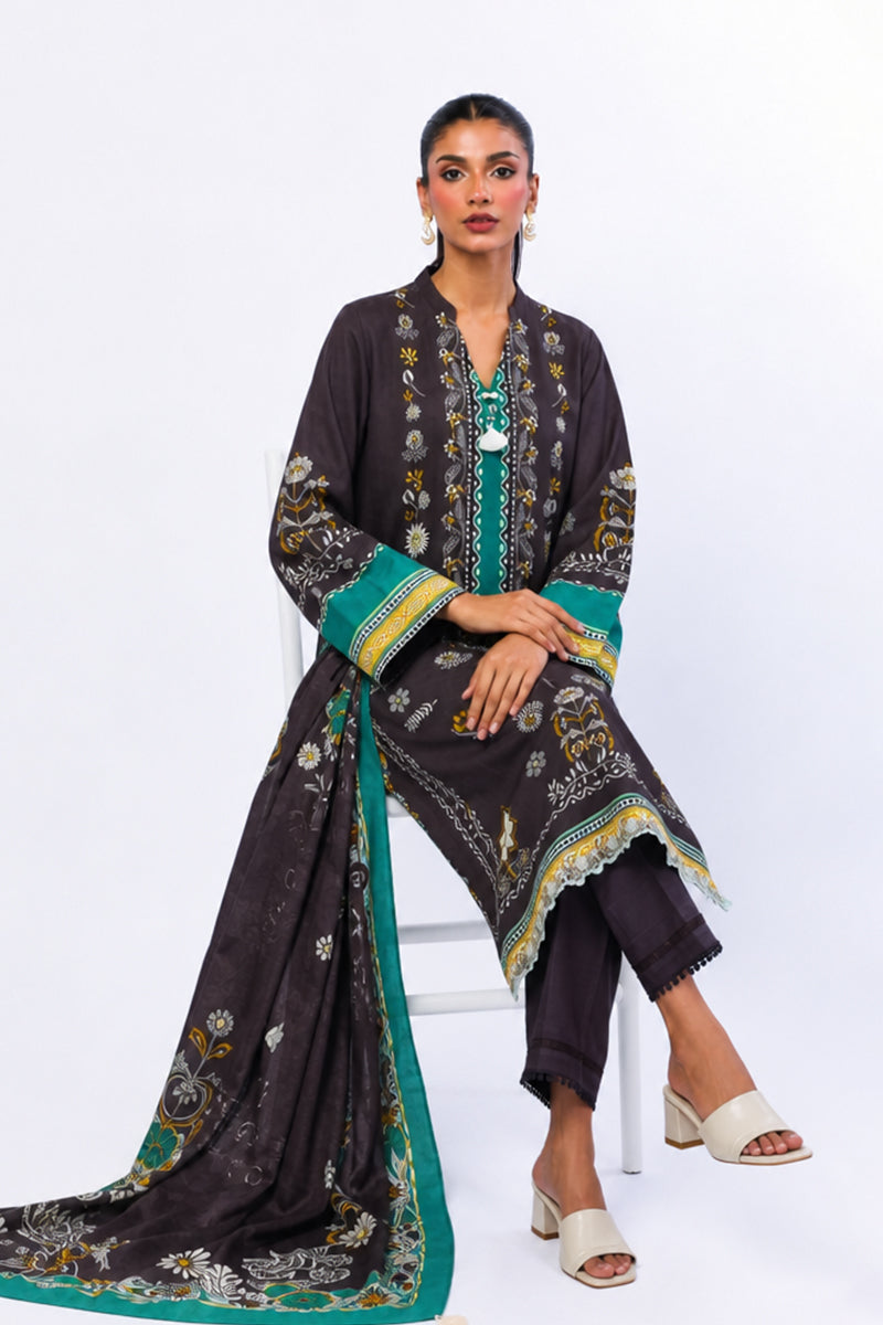 Khaadi – 3 Piece Unstiched Printed Lawn Suit (Charcoal Brown & Emerald Teal)