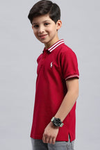 Boy's Textured Cotton Polo T-Shirt (Cherry Red)