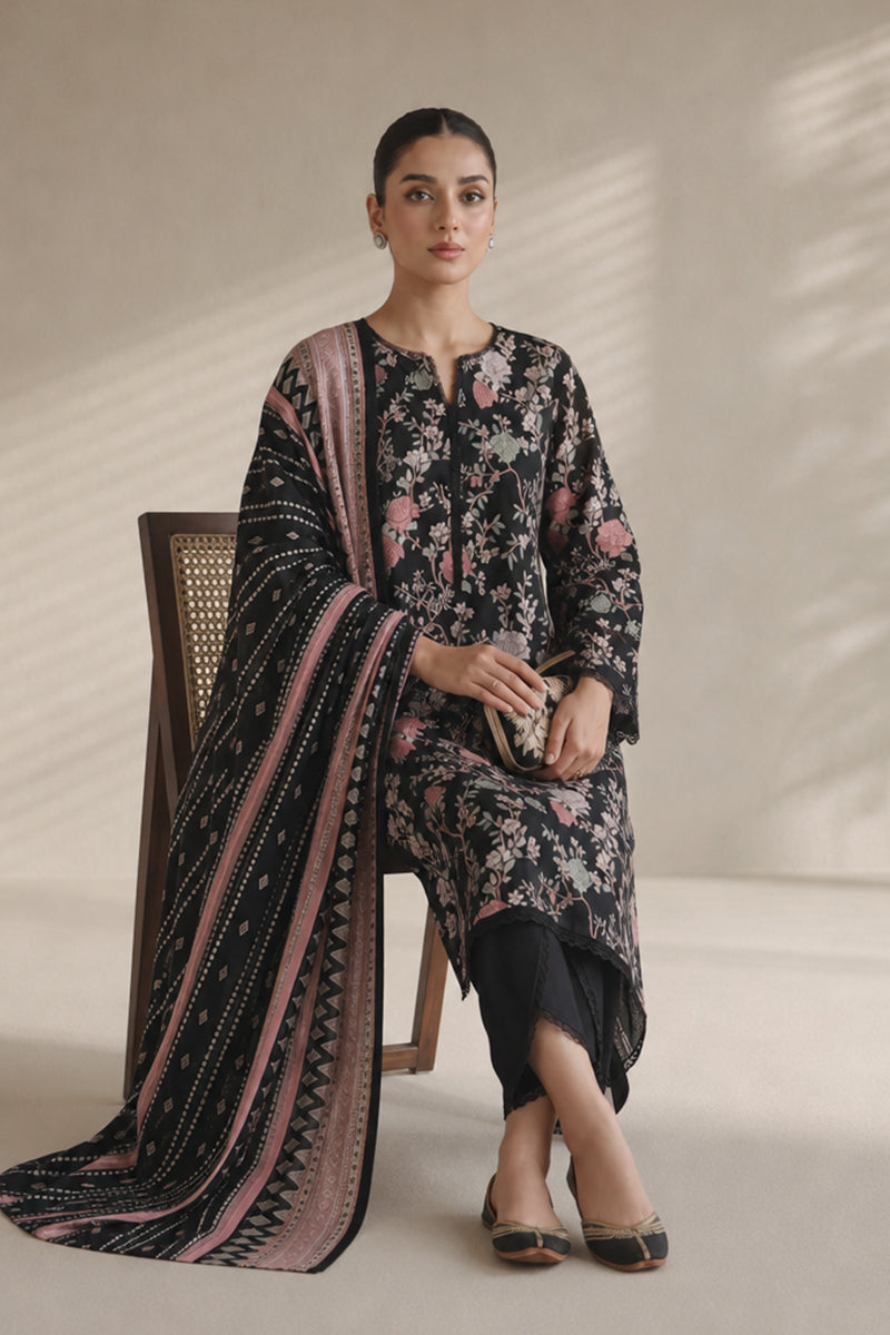Khaadi – 3 Piece Unstiched Premium Printed Lawn Suit (Black & Dusty Pink Floral)