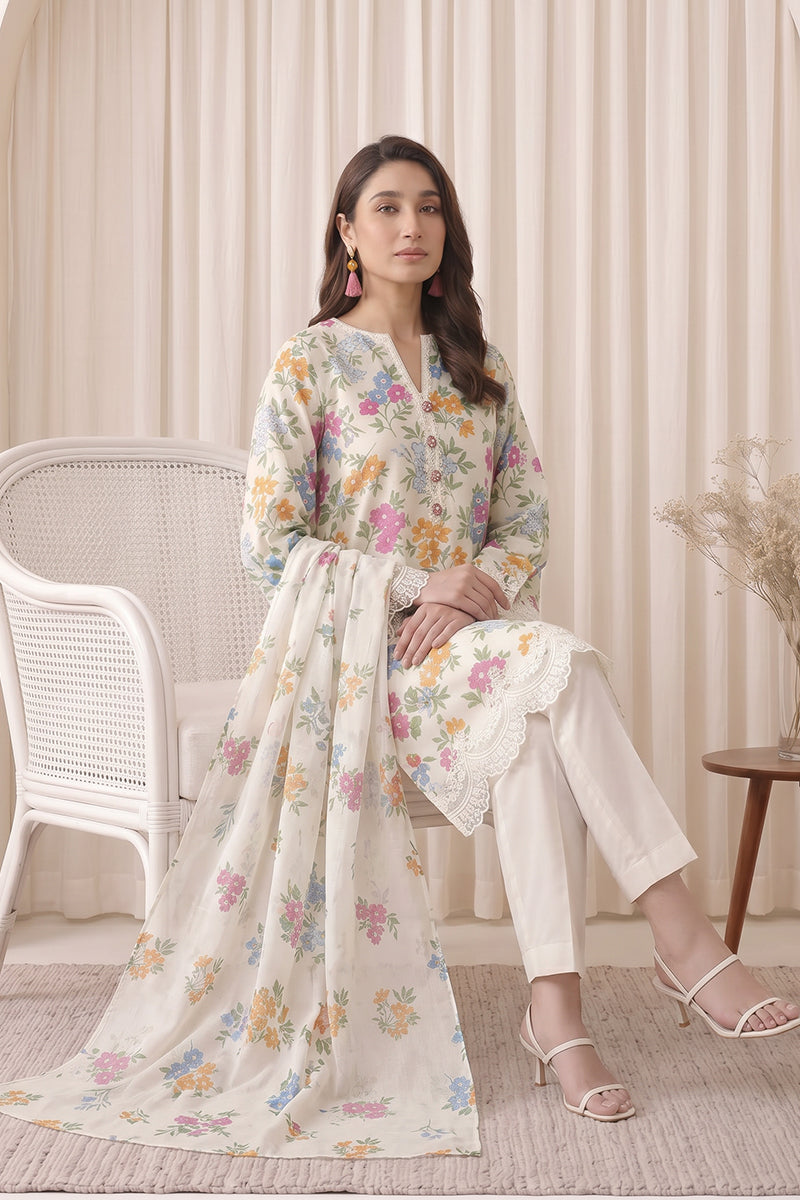 Gul Rang By Bareezé – 3-Piece Unstiched Printed Classic Lawn (White)