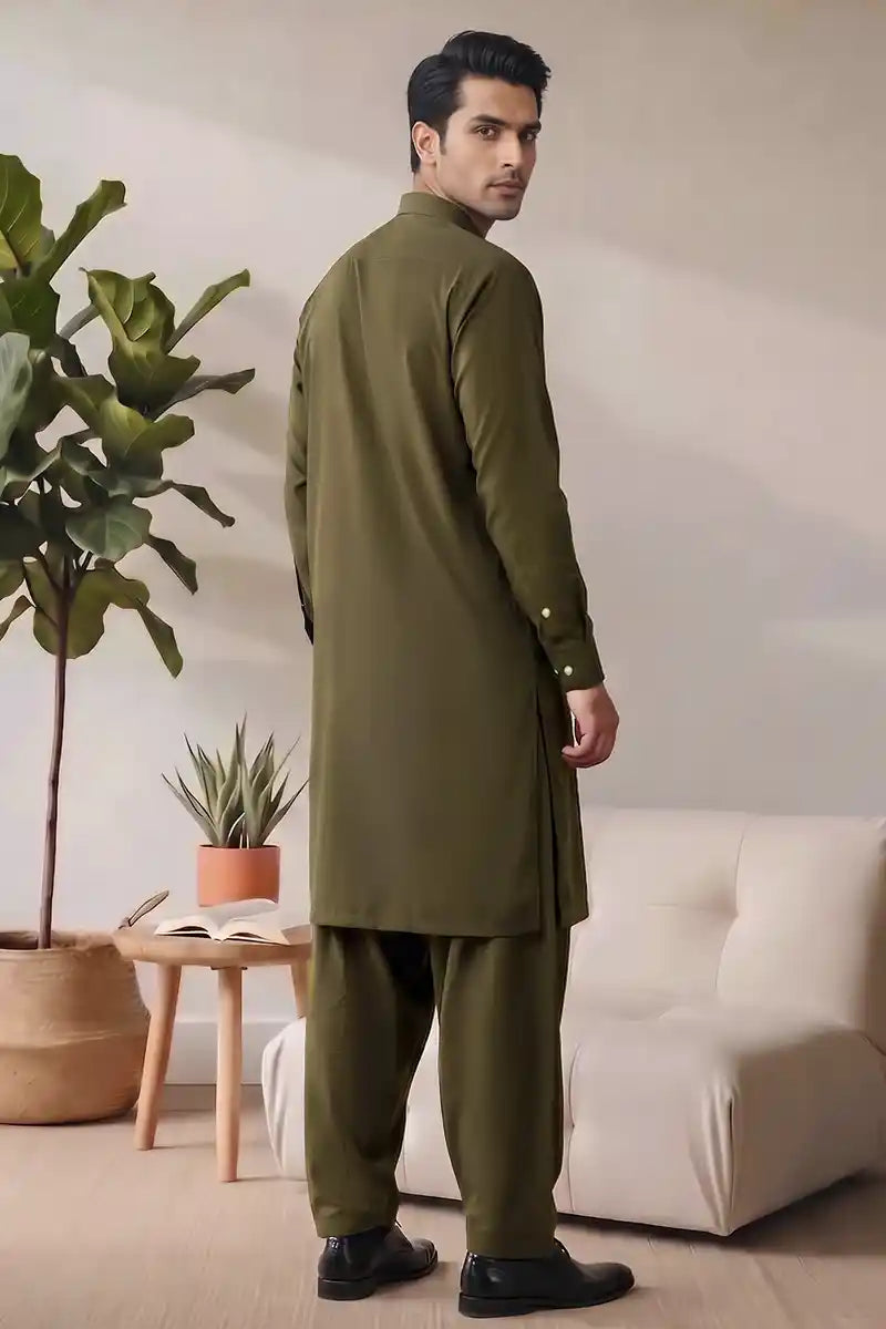 Saya Men’s Wash & Wear Unstitched Suit (Olive Green)