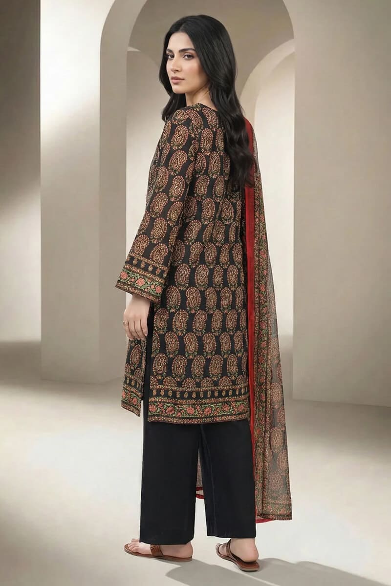 Sapphire (Vol.4) - 3PC Unstitched Printed Lawn Suit (Deep Charcoal Black & Muted Rust)