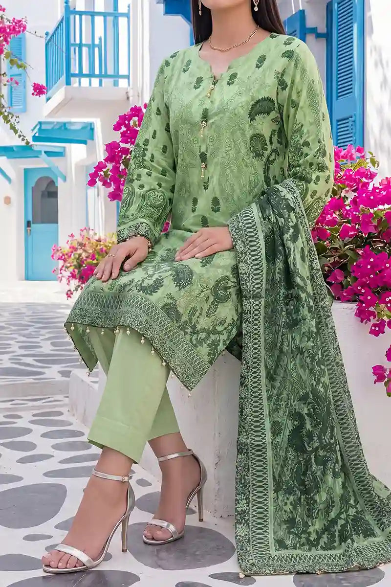 Aabruh Vol-1 3PC Unstitched Printed Lawn Suit (Leaf Green Floral)