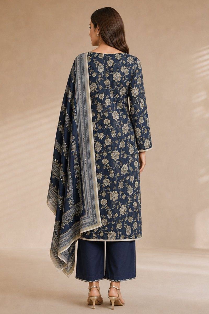 Khaadi (Vol.4) – 3 Piece Unstitched Printed Lawn Suit (Deep Navy & Champagne Floral)