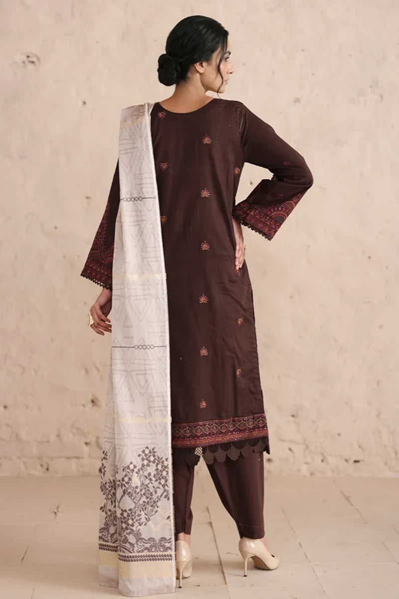 Vasal By Johra - 3PC Unstitched Embroidered Lawn Suit (Dark Chocolate)
