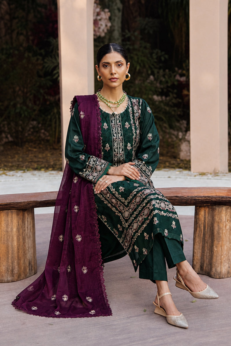 Mahrin By Johra - Premium 3PC Unstitched Embroidered Lawn Suit (Deep Emerald & Deep Plum)
