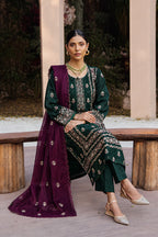 Mahrin By Johra - Premium 3PC Unstitched Embroidered Lawn Suit (Deep Emerald & Deep Plum)