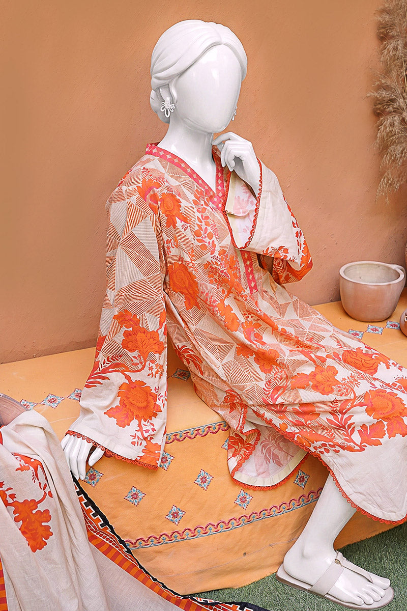 Aryana By KBC Fashion - 3PC Unstitched Printed Lawn Suit (White & Orange)