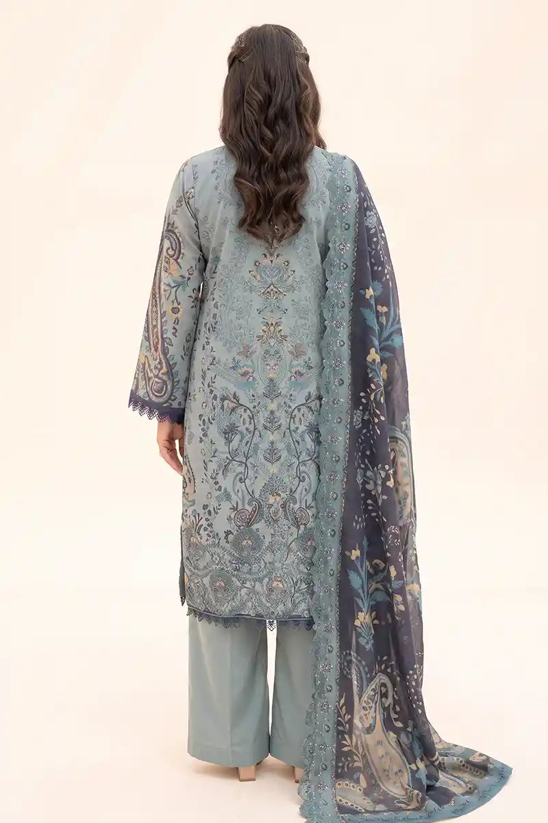 Zesh - 3PC Unstitched Embroidered Lawn Suit (Dusty Teal & Slate Grey)