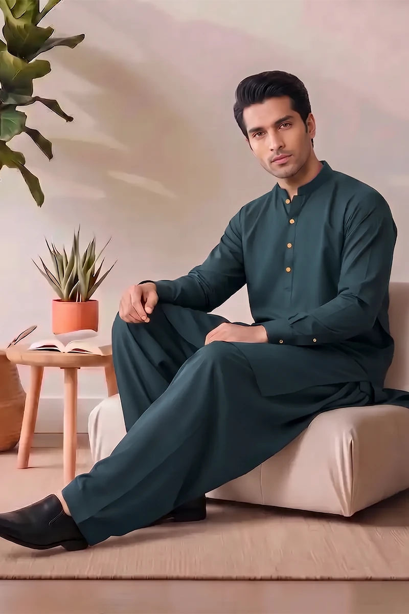 Saya Men’s Wash & Wear Unstitched Suit (Pine Green)