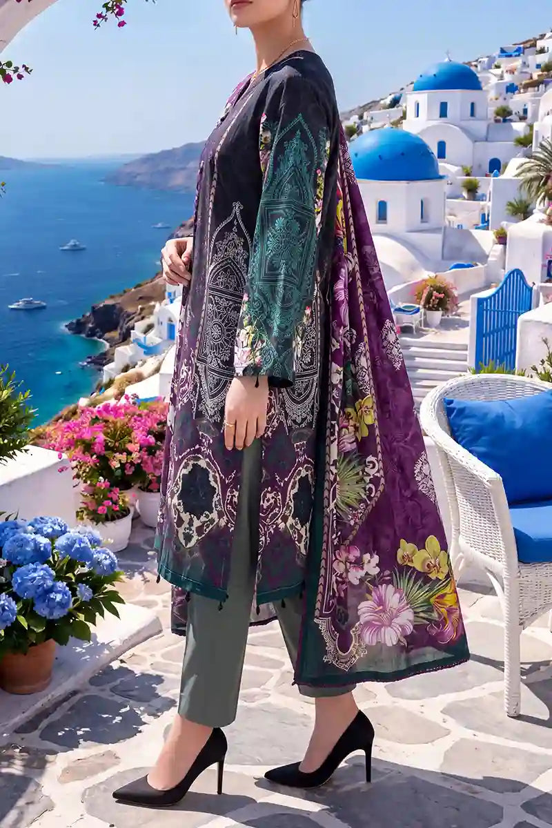 Aabruh Vol-1 3PC Unstitched Printed Lawn Suit (Deep Midnight Violent & Charcoal Olive)