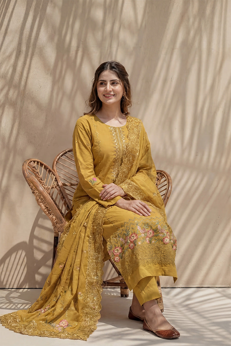 Millat - 3PC Unstitched Embroidered Lawn Suit (Mustard Yellow)