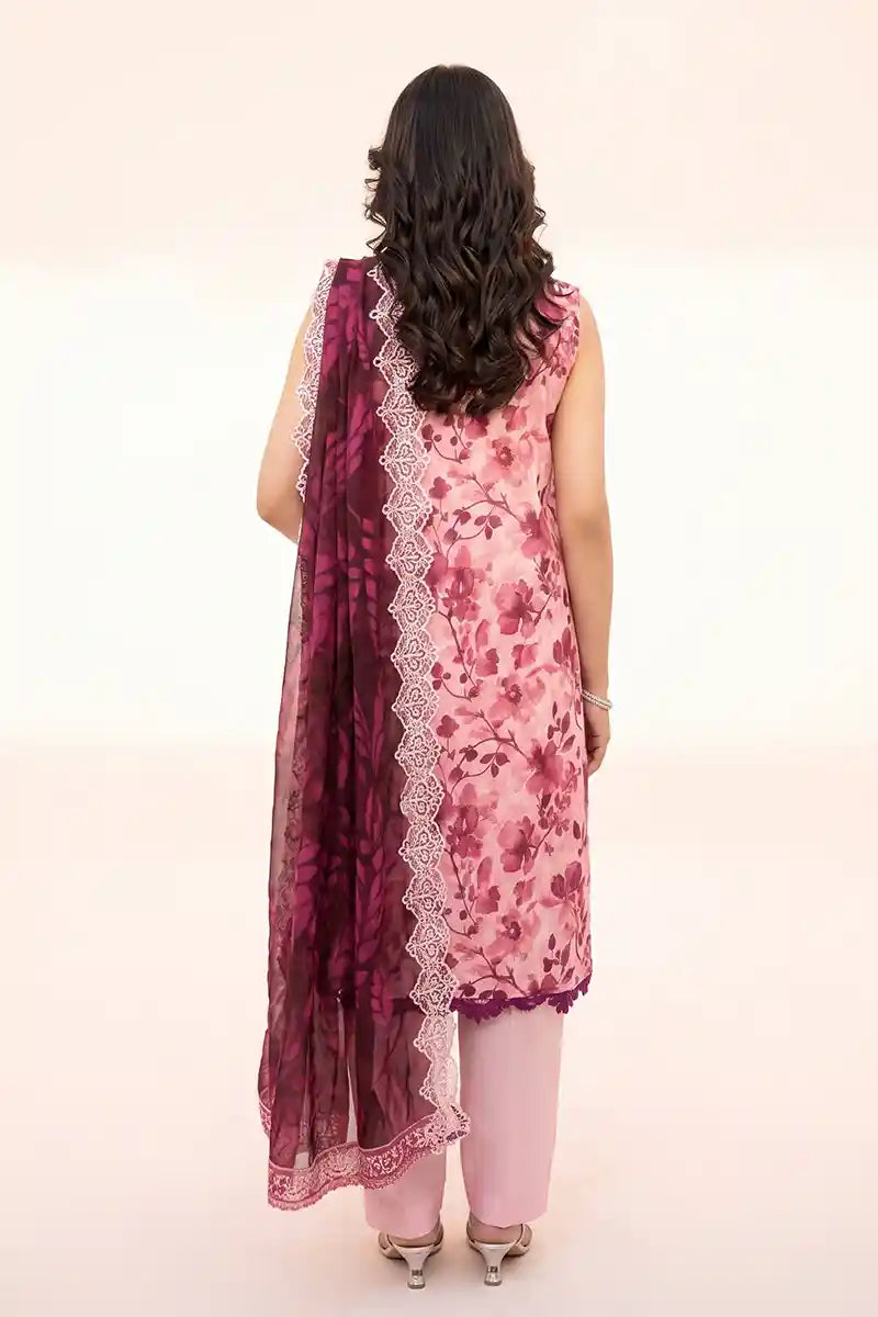 Zesh - 3PC Unstitched Embroidered Lawn Suit (Baby Pink & Wine)