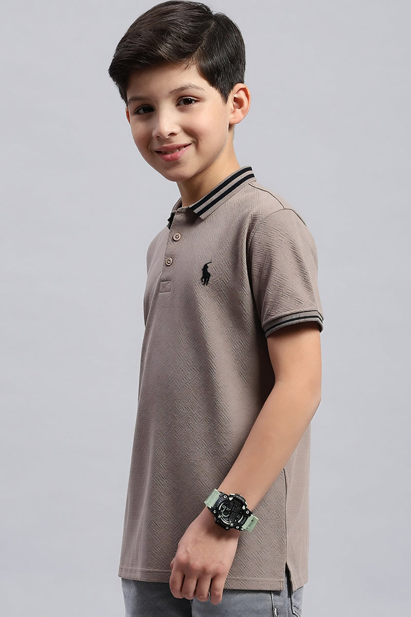 Boy's Textured Cotton Polo T-Shirt (Warm Grey)