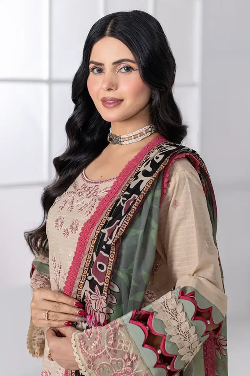 Muswa By Johra - 3PC Unstitched Embroidered Lawn Suit (Sand Beige)