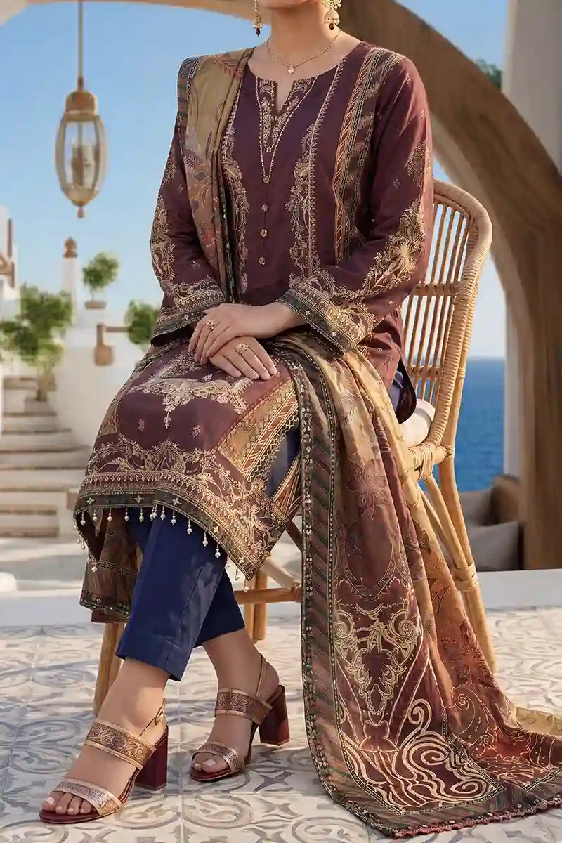 Aabruh Vol-1 3PC Unstitched Printed Lawn Suit (Dark Auburn & Midnight Navy)