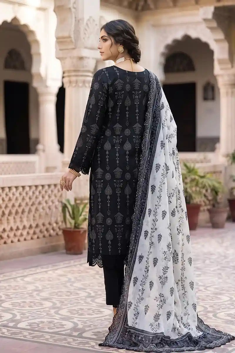 Zesh - 3PC Unstitched Embroidered Lawn Suit (Jet Black & Soft White)